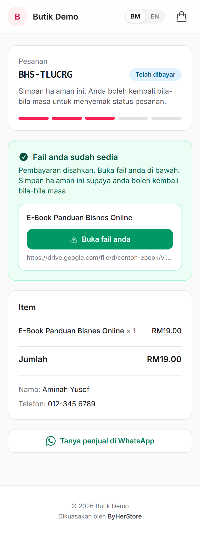 Paid order page with the Your files are ready card