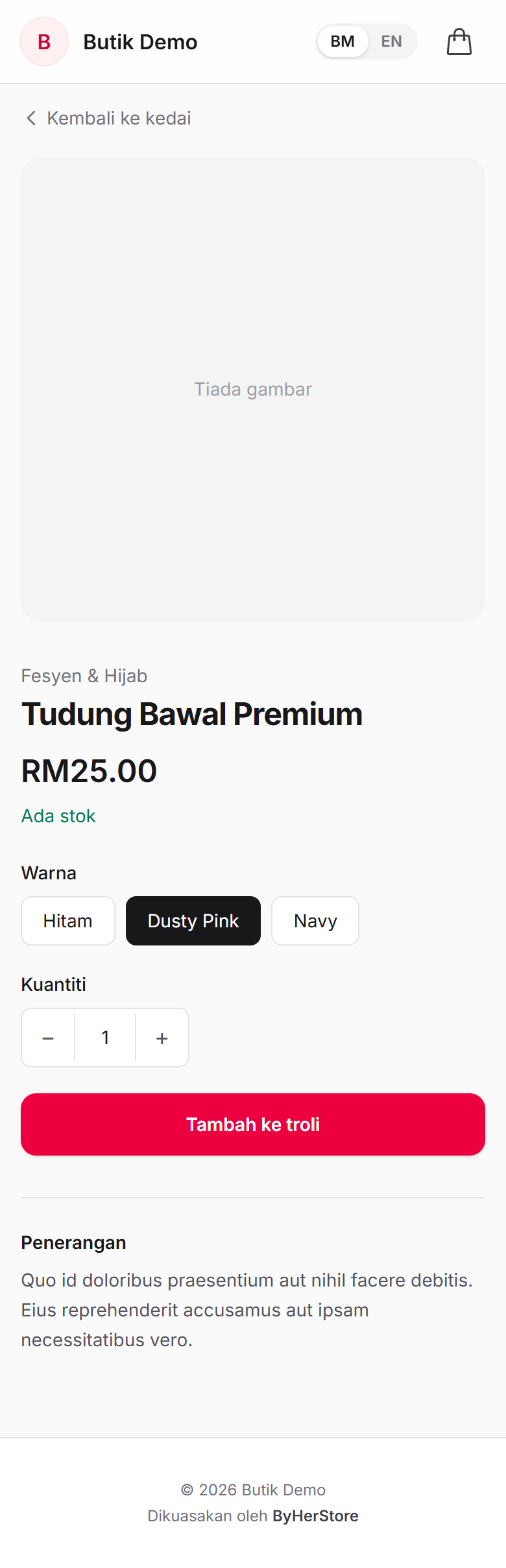 Product page with Dusty Pink selected