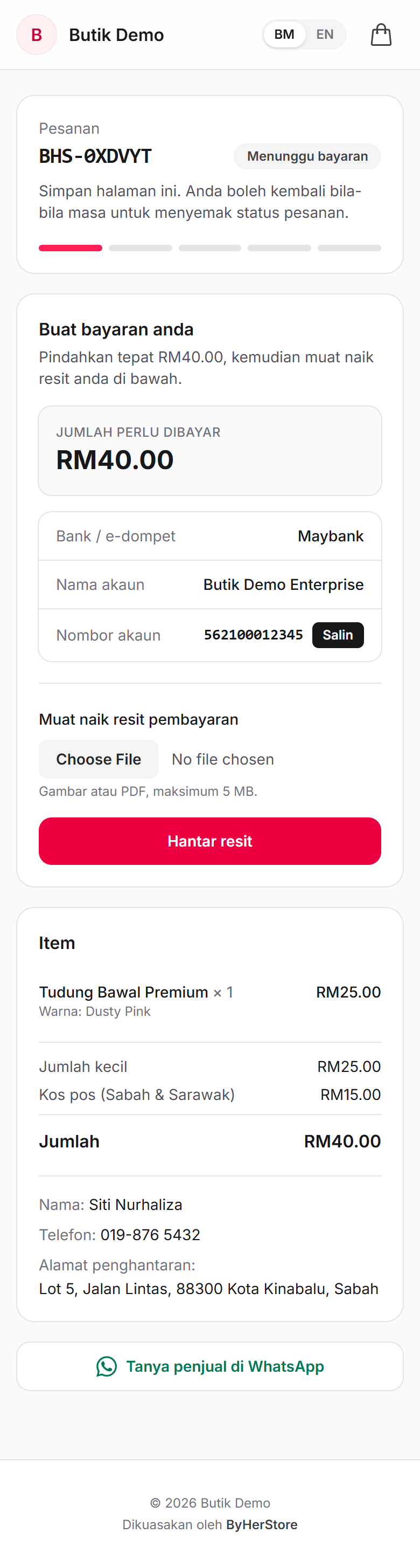Order page awaiting payment of RM40