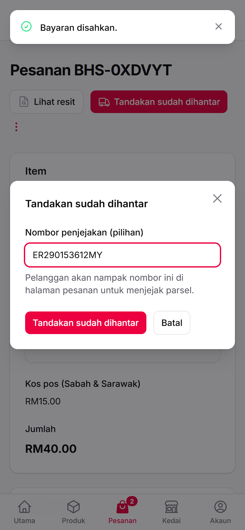 Seller app Mark as shipped box with tracking number ER290153612MY