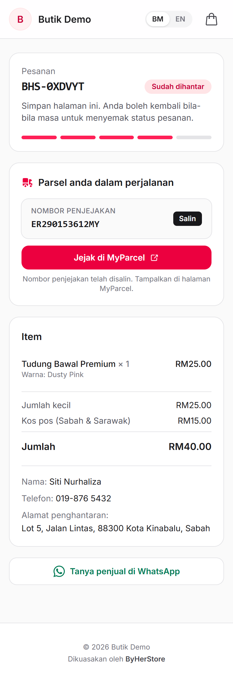 Customer order page with tracking number and Track on MyParcel button